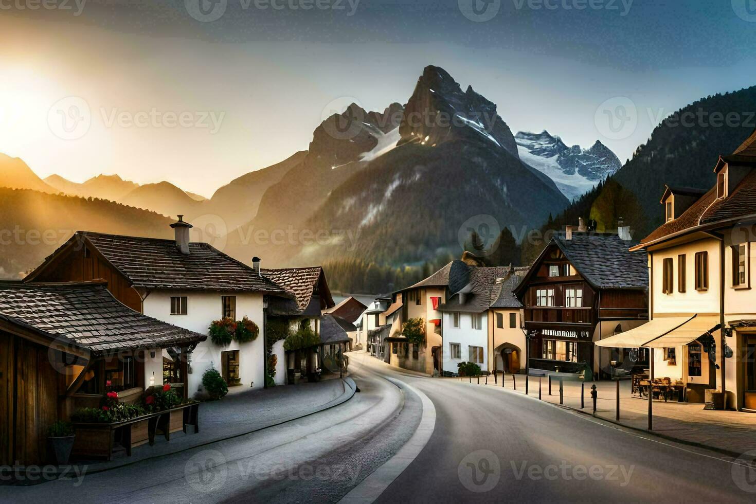 a street in the mountains with mountains in the background. AI-Generated photo