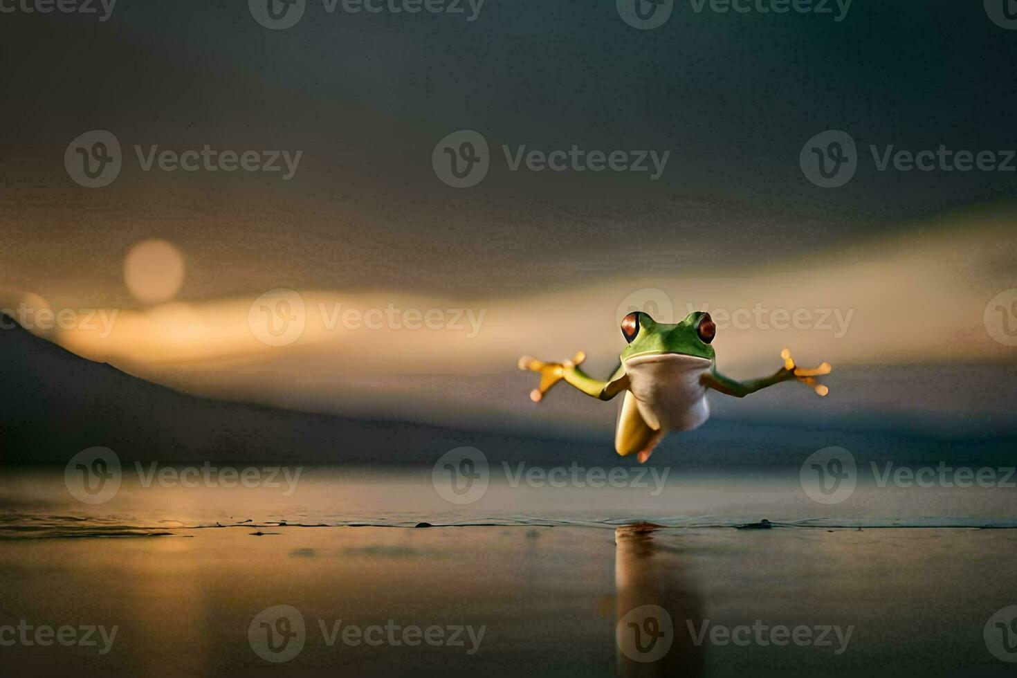 a frog jumping into the air at sunset. AI-Generated photo