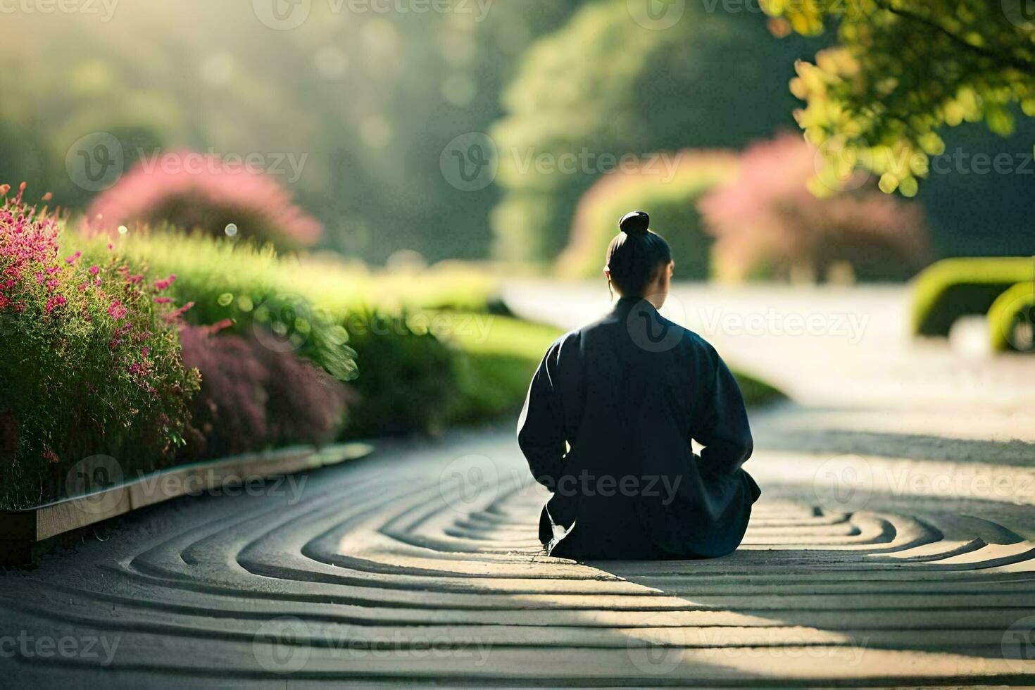 a man sitting in the middle of a path. AI-Generated photo