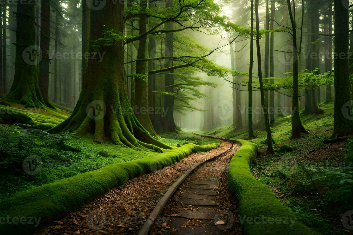 a path through a forest with trees and moss. AI-Generated photo