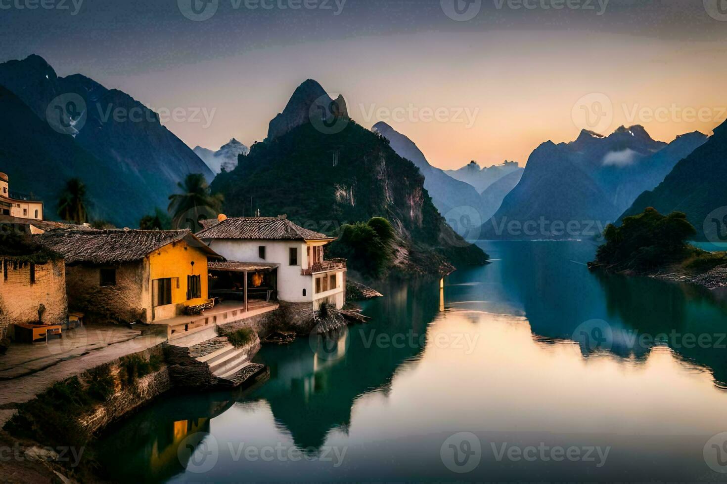 a house sits on the edge of a lake in the mountains. AI-Generated photo