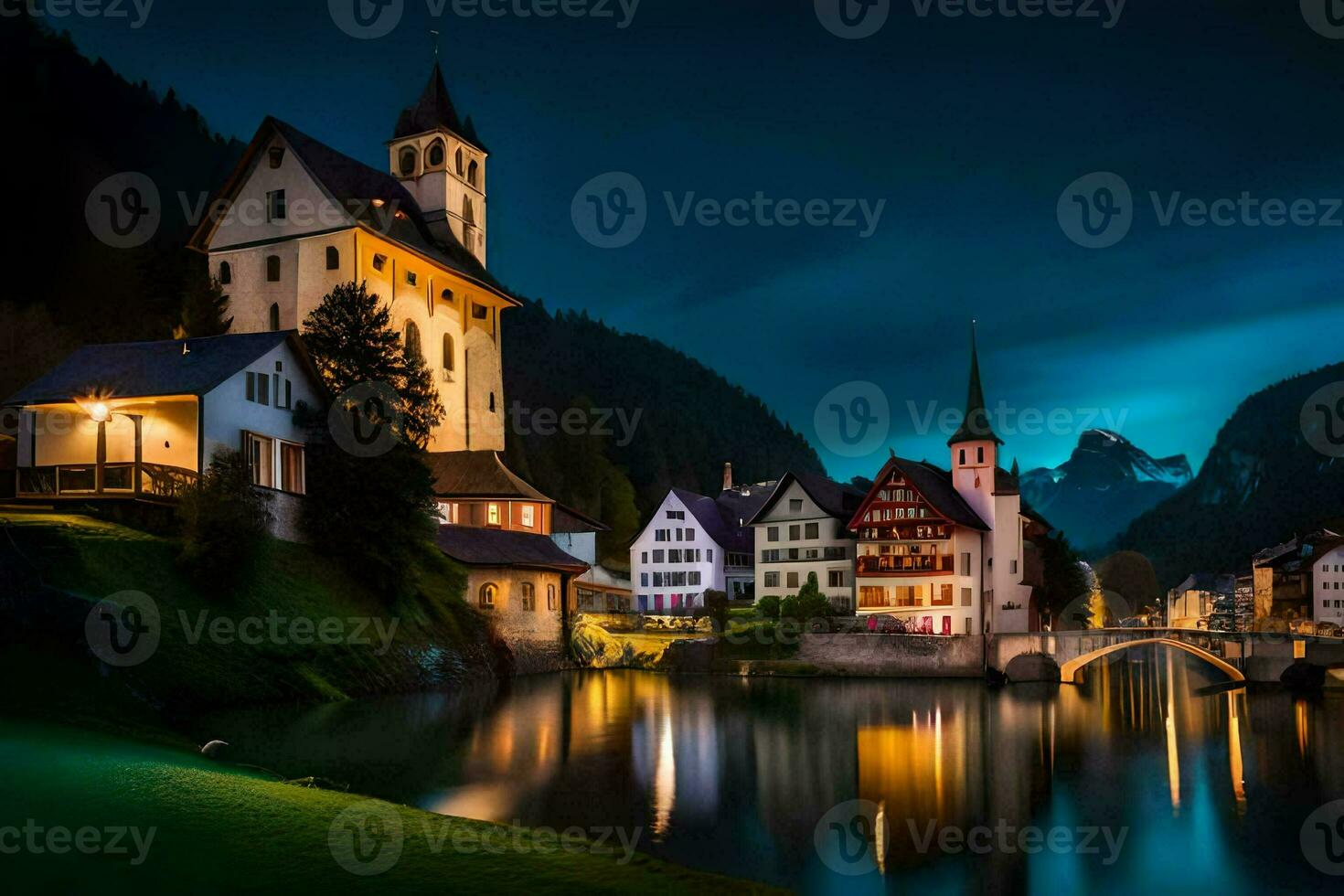 foto fondo de pantalla el cielo, noche, montañas, río, ciudad, puente, iglesia, Iglesia torre. generado por ai