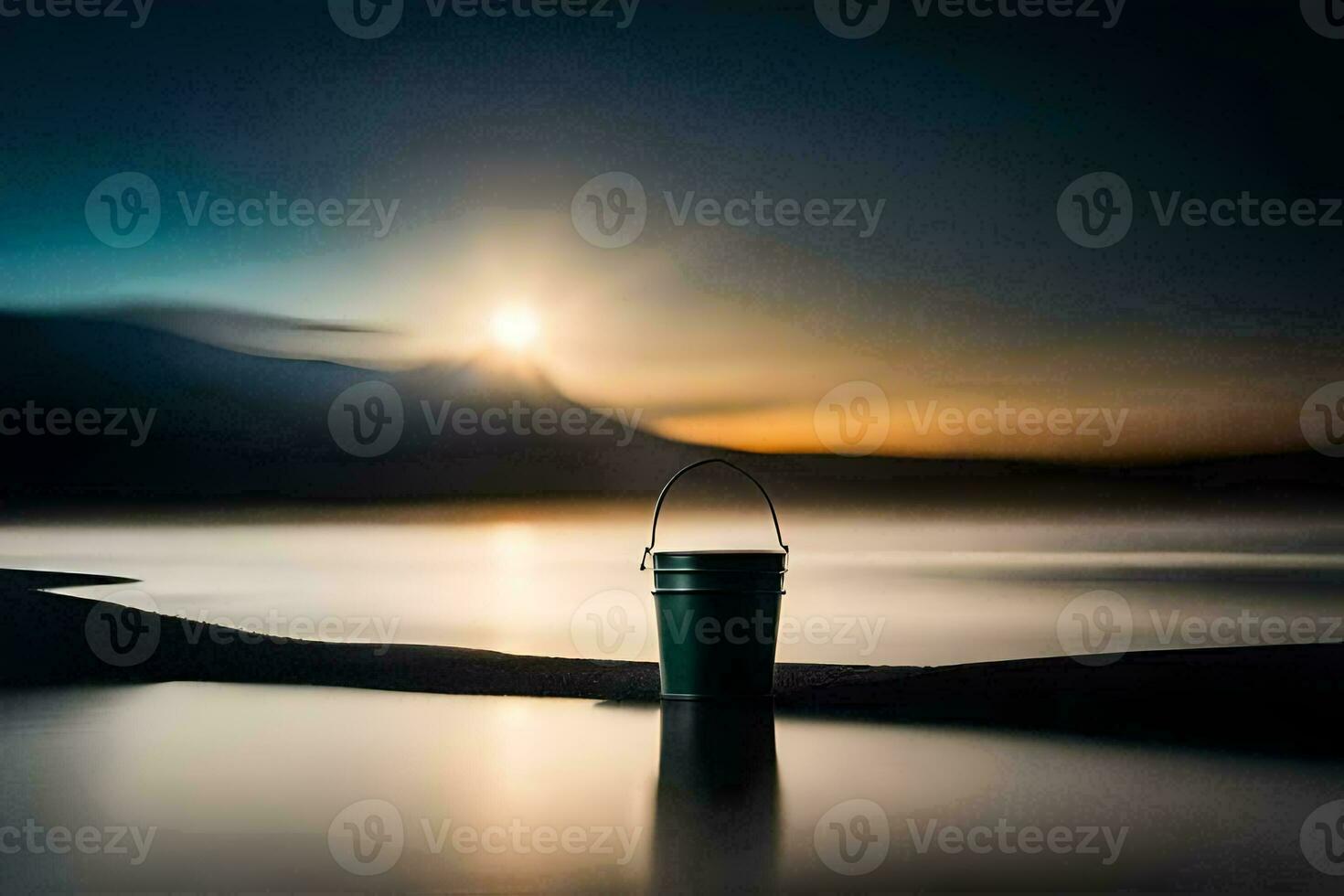 a bucket sitting on the shore of a lake at sunset. AI-Generated photo
