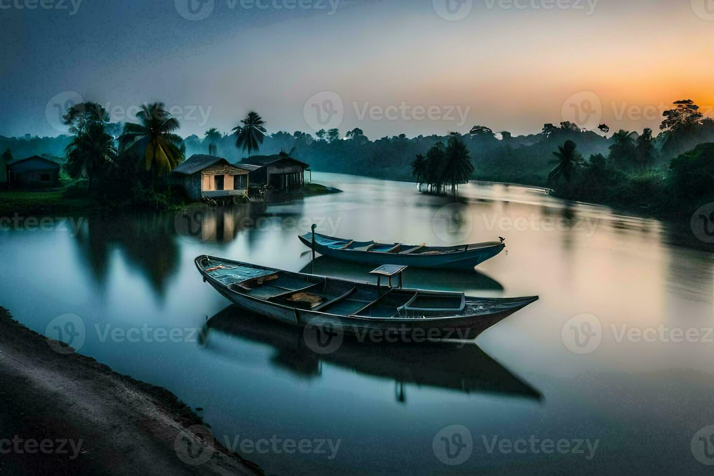 two boats sit on the water at sunset. AI-Generated photo