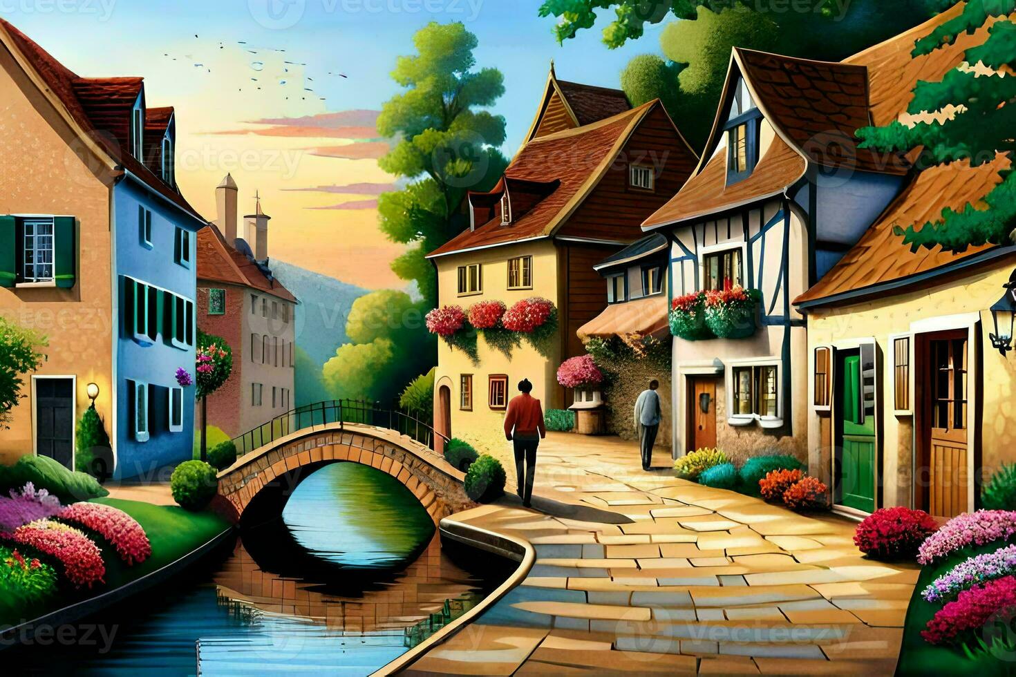 a painting of a small town with a bridge and flowers. AI-Generated photo