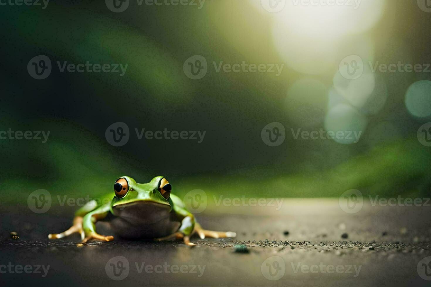 a frog sitting on the ground in front of a green background. AI-Generated photo