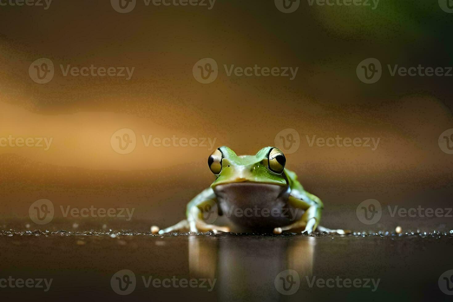 a frog sitting on the ground with a blurry background. AI-Generated photo