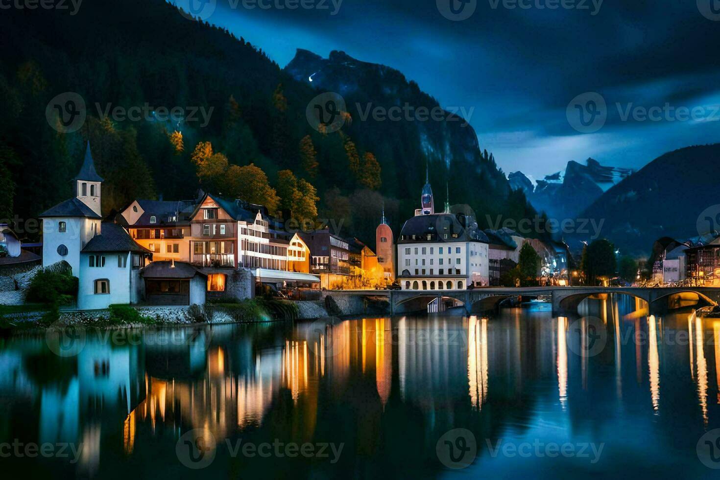 the town of hallstatt in the night. AI-Generated photo