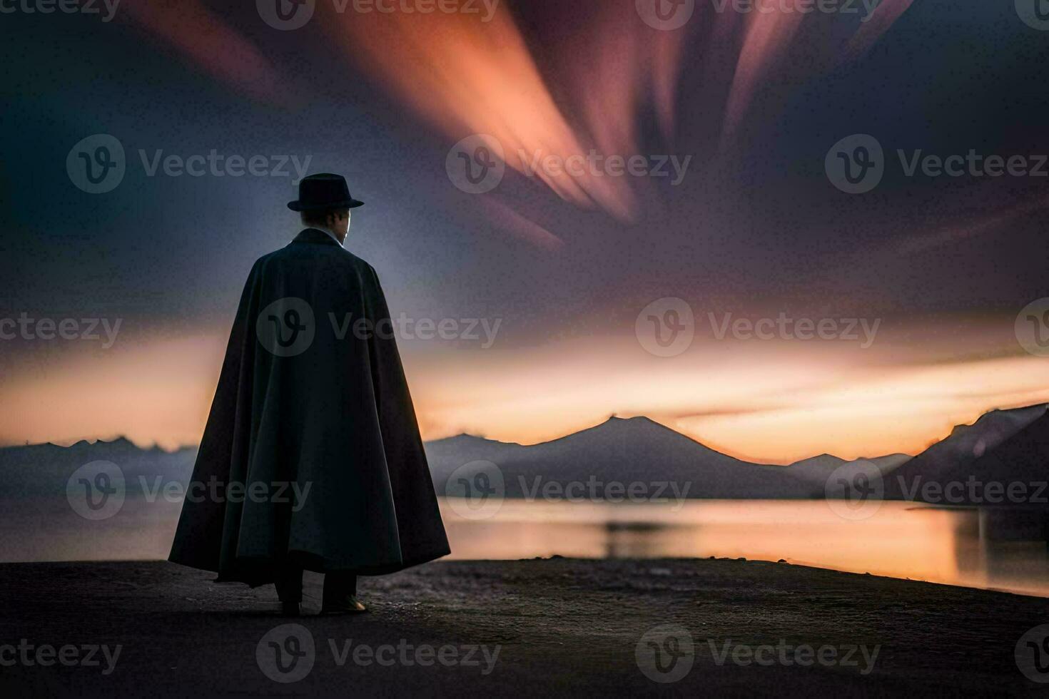 a man in a cloak stands in front of a lake at sunset. AI-Generated photo