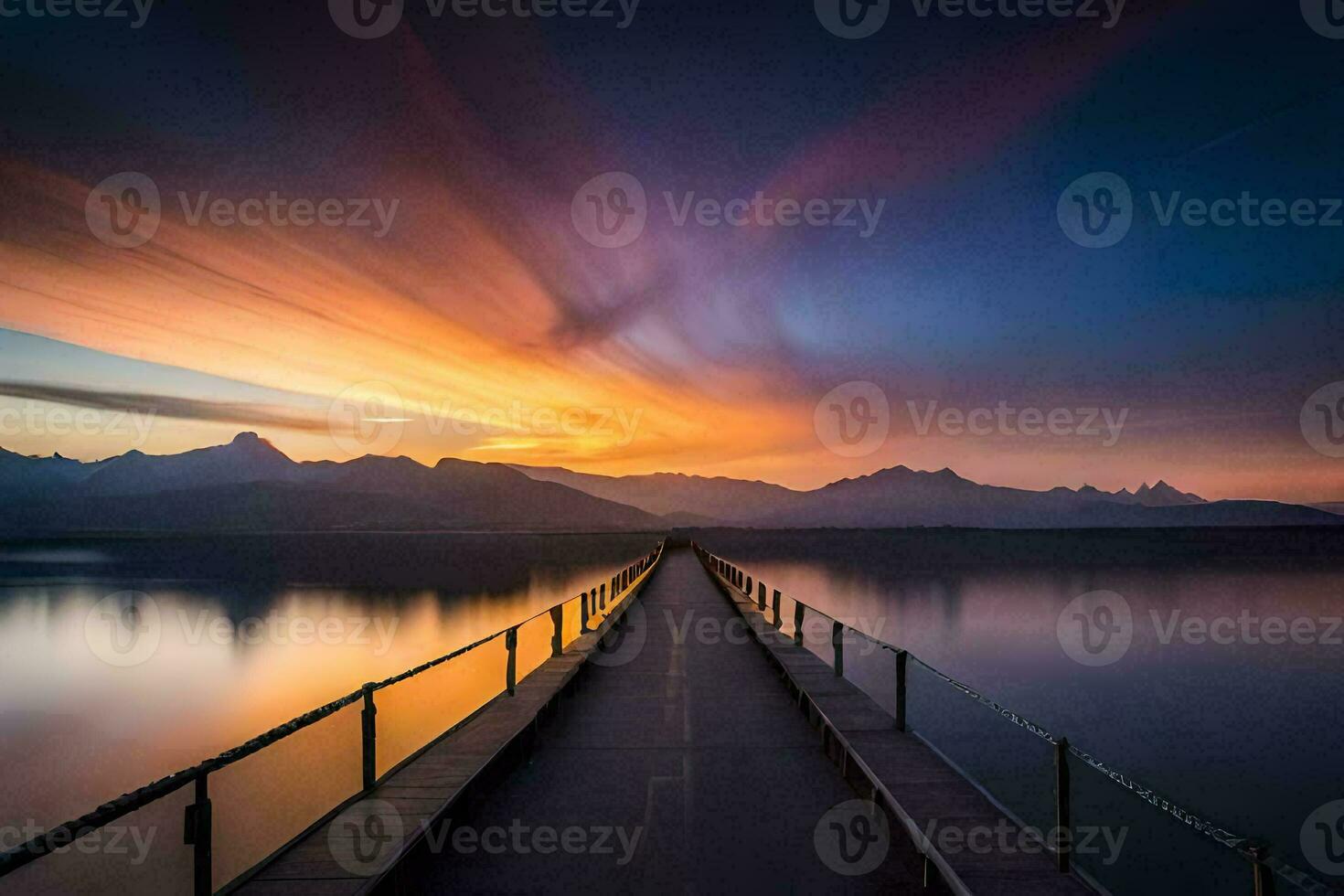 a pier with a long bridge over water and mountains. AI-Generated photo