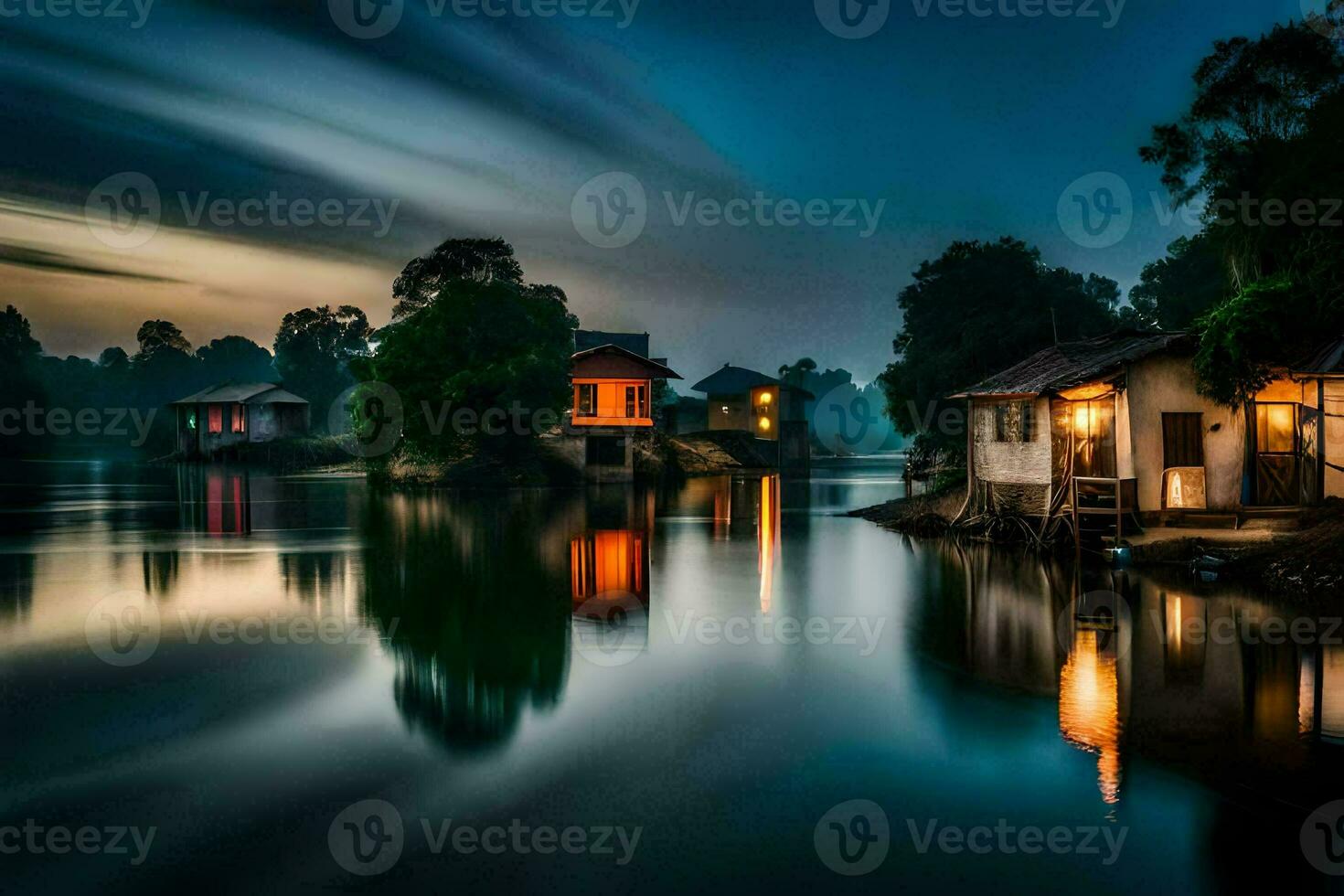 the night sky is reflected in the water at night. AI-Generated photo