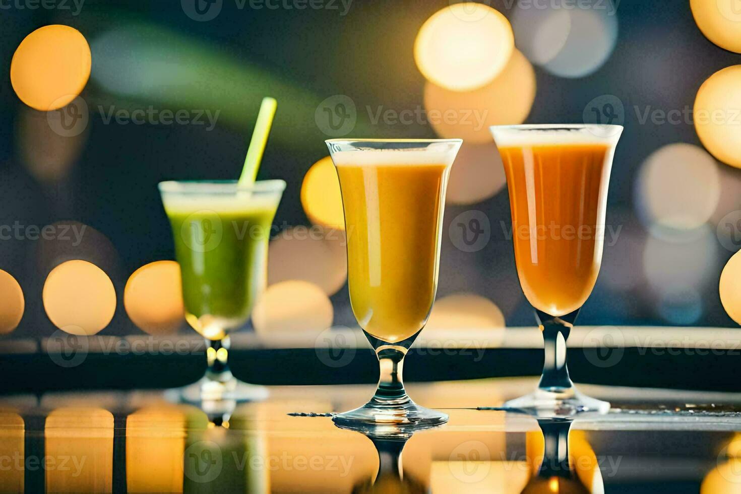three glasses of juice on a bar. AI-Generated photo