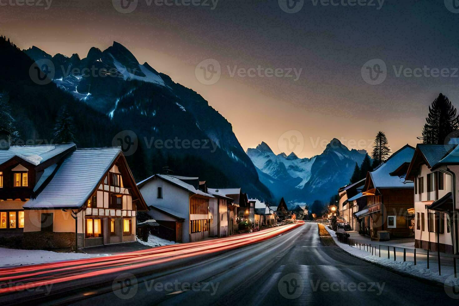 a street in the mountains with a car driving by. AI-Generated photo