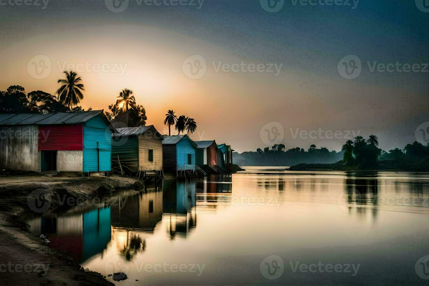 the sun sets over a river and some colorful houses. AI-Generated photo