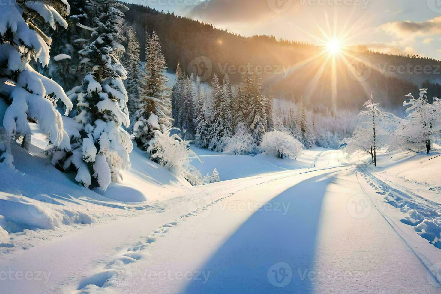 winter landscape with snow covered trees and sun shining. AI-Generated photo