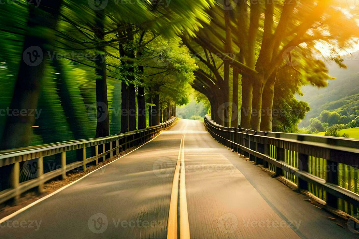 a road with trees and a bridge in the background. AI-Generated photo