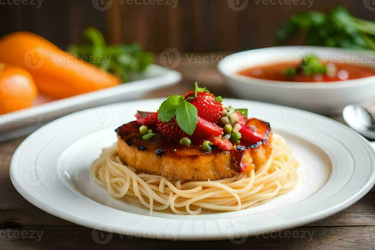 a plate with pasta and a strawberry and tomato sauce. AI-Generated photo