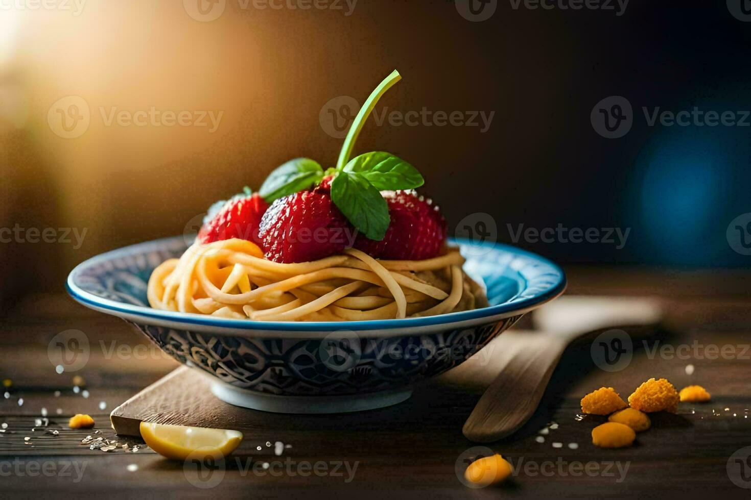 spaghetti with strawberries and lemon on a wooden table. AI-Generated photo