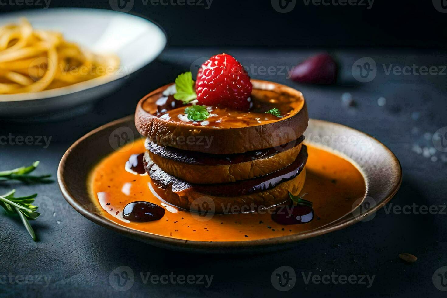 a stack of pancakes with sauce and strawberries. AI-Generated photo
