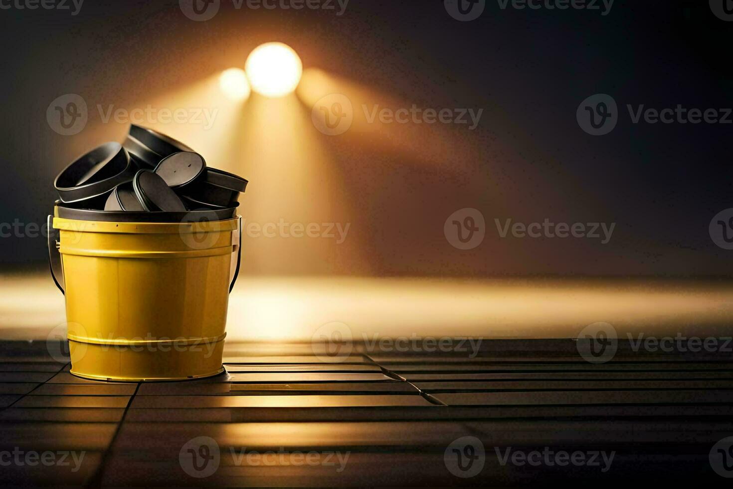 a yellow bucket with black lids sitting on a wooden floor. AI-Generated photo