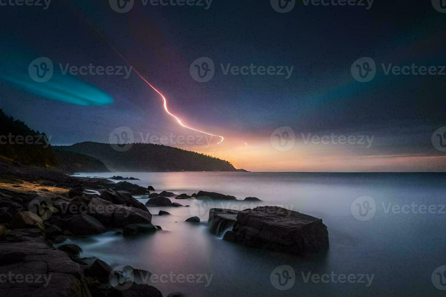 a lightning bolt streaks across the sky over a rocky shore. AI-Generated photo