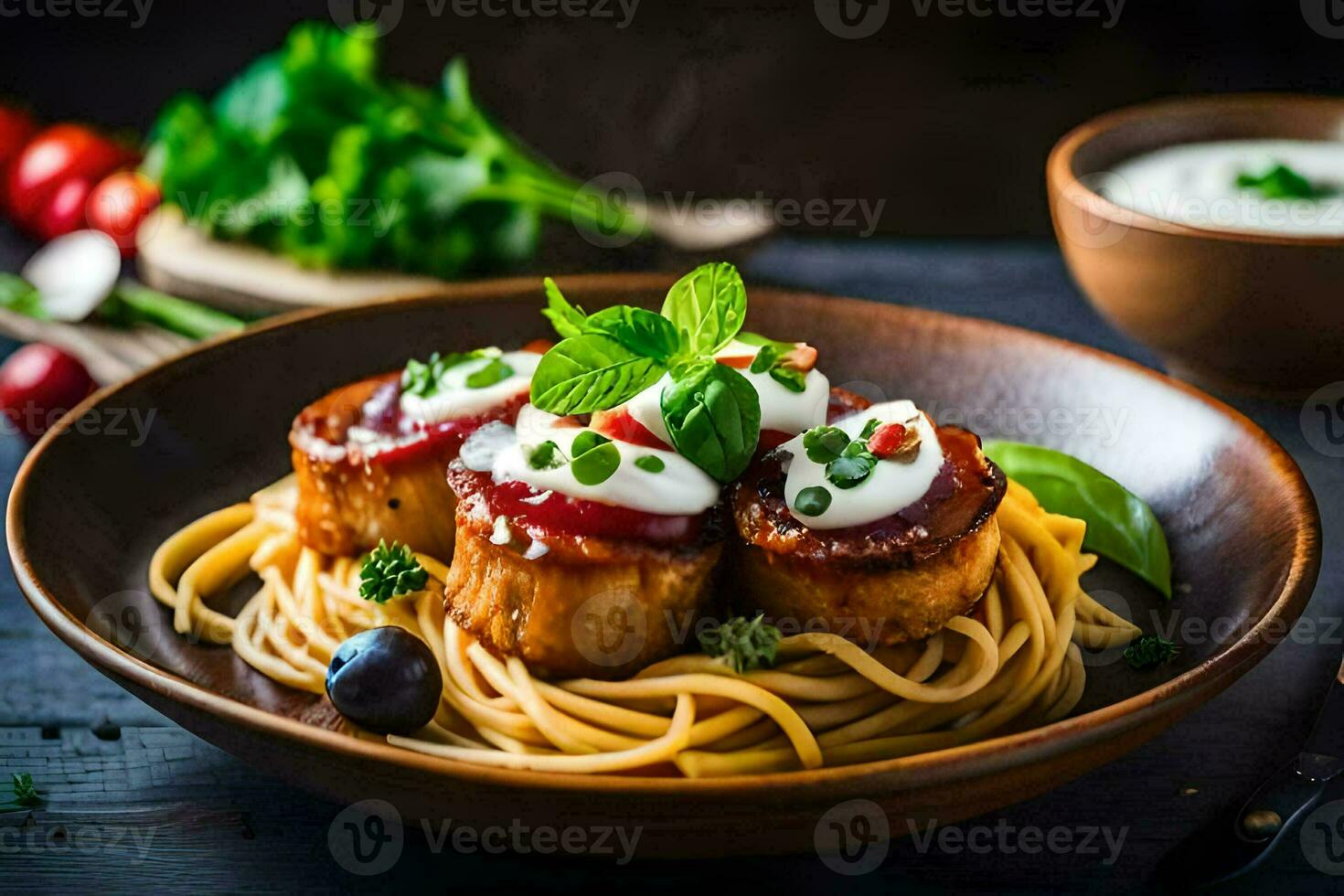 spaghetti with meatballs and sauce on a wooden table. AI-Generated photo