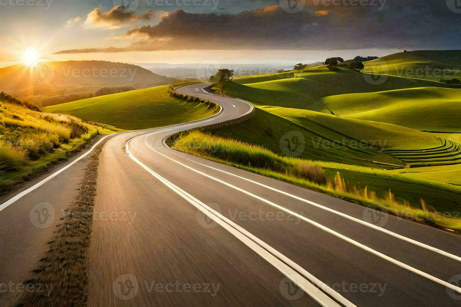 a winding road in the countryside with the sun setting. AI-Generated photo