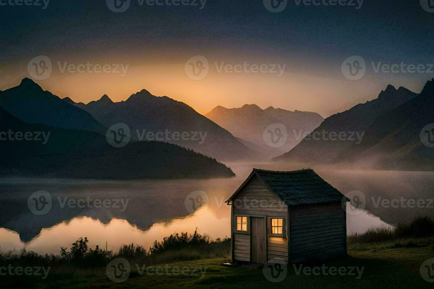 a small cabin sits on the edge of a lake at sunset. AI-Generated photo