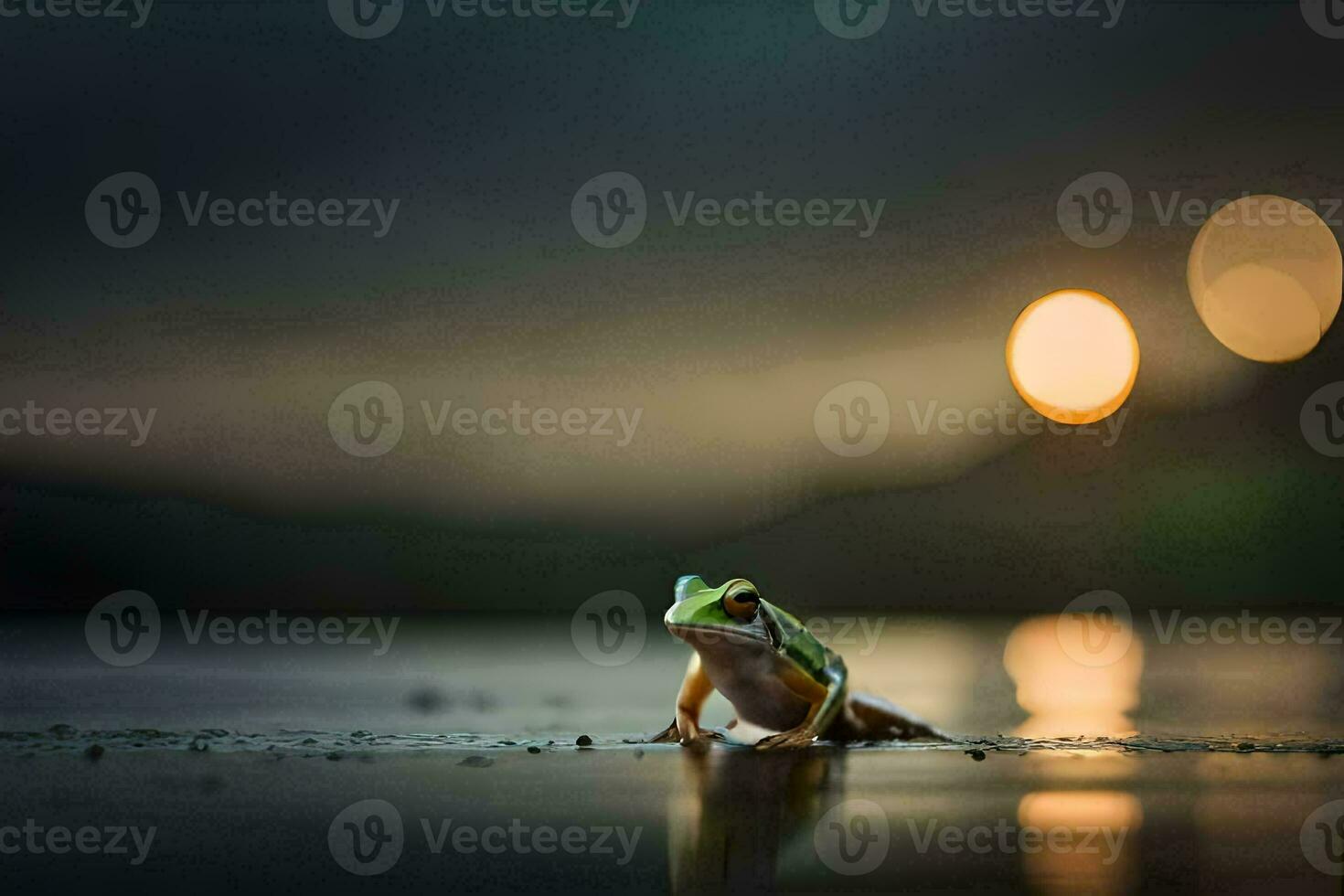 a frog sitting on the ground in front of a lake. AI-Generated photo