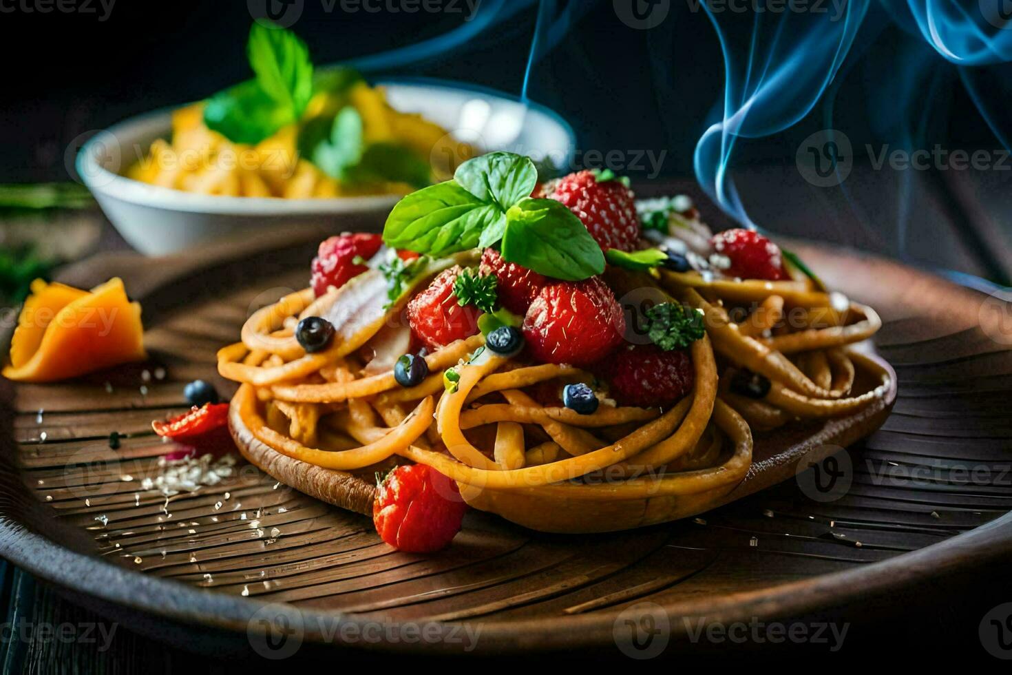 spaghetti with berries and mint leaves. AI-Generated photo
