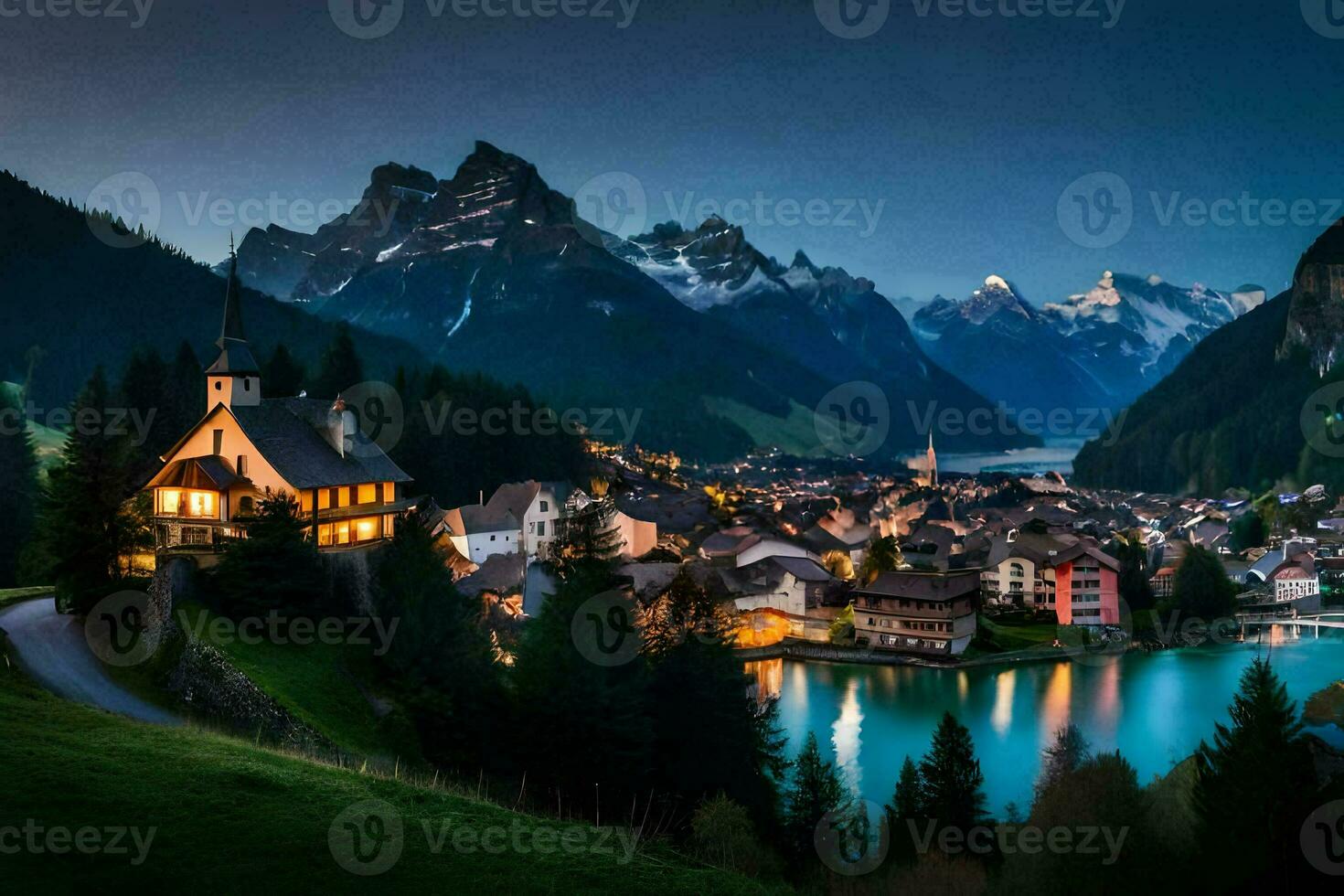 el pueblo de suizo Alpes a oscuridad. generado por ai foto