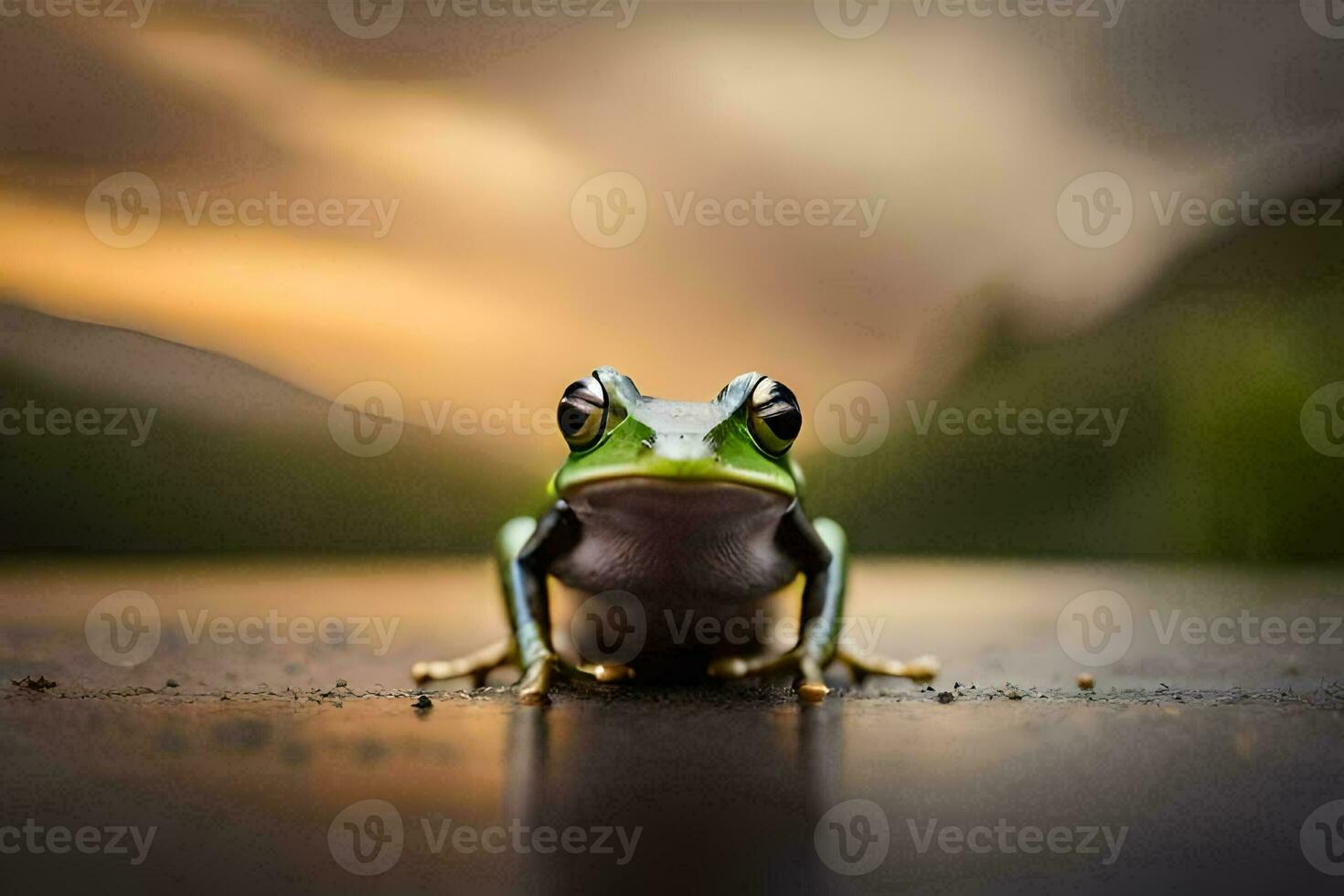 a frog sitting on the ground with a sunset in the background. AI-Generated photo