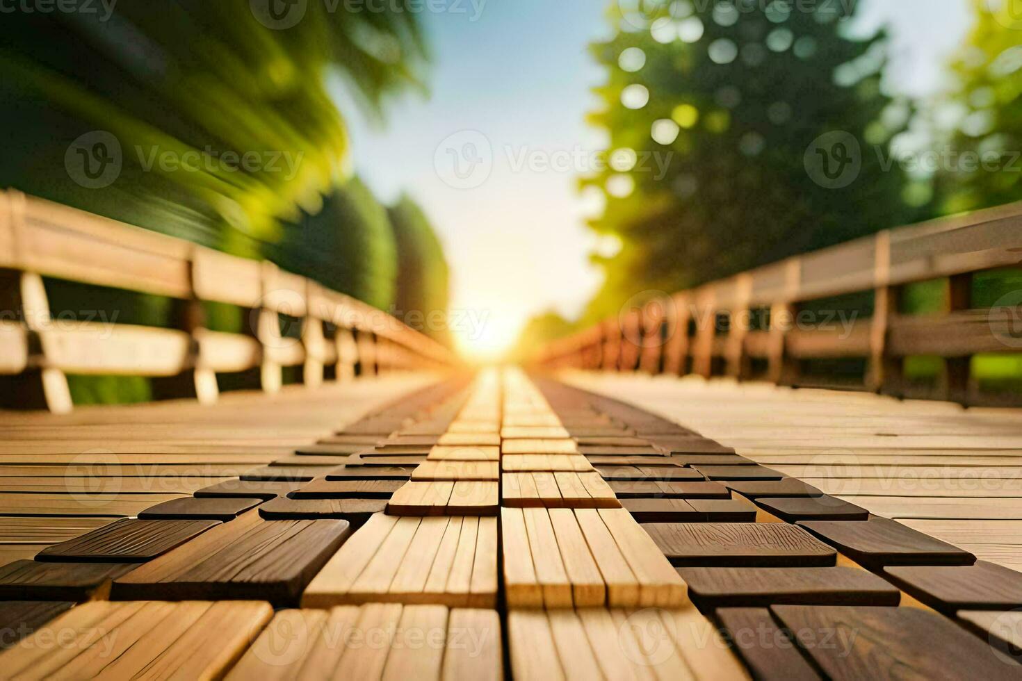 a wooden bridge with a sun setting behind it. AI-Generated photo