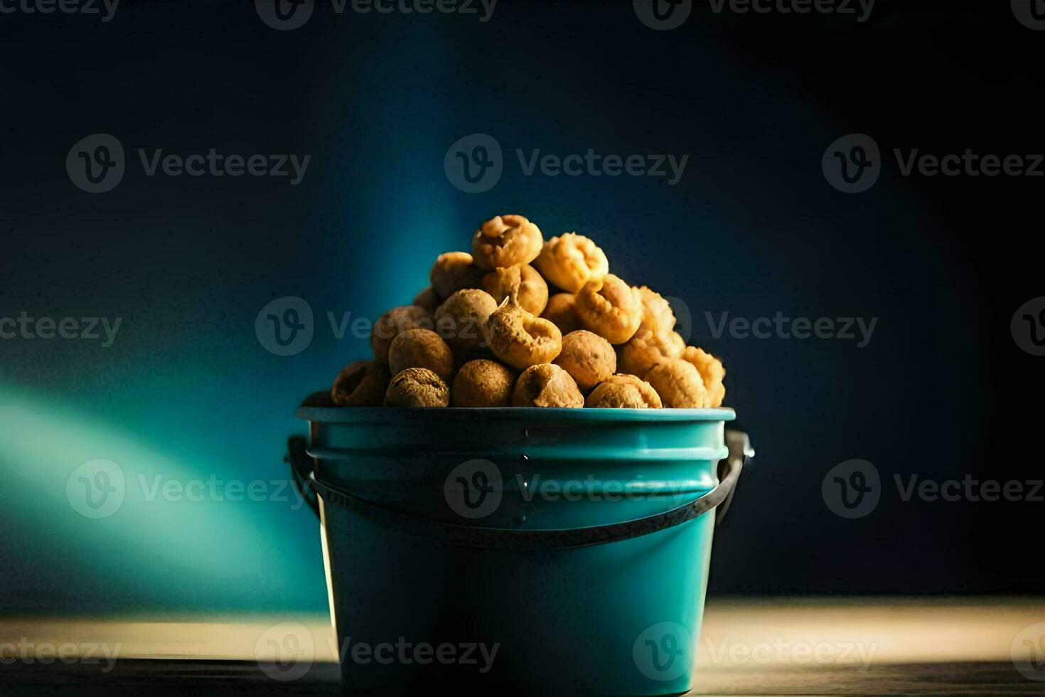 a bucket full of peanuts on a table. AI-Generated photo