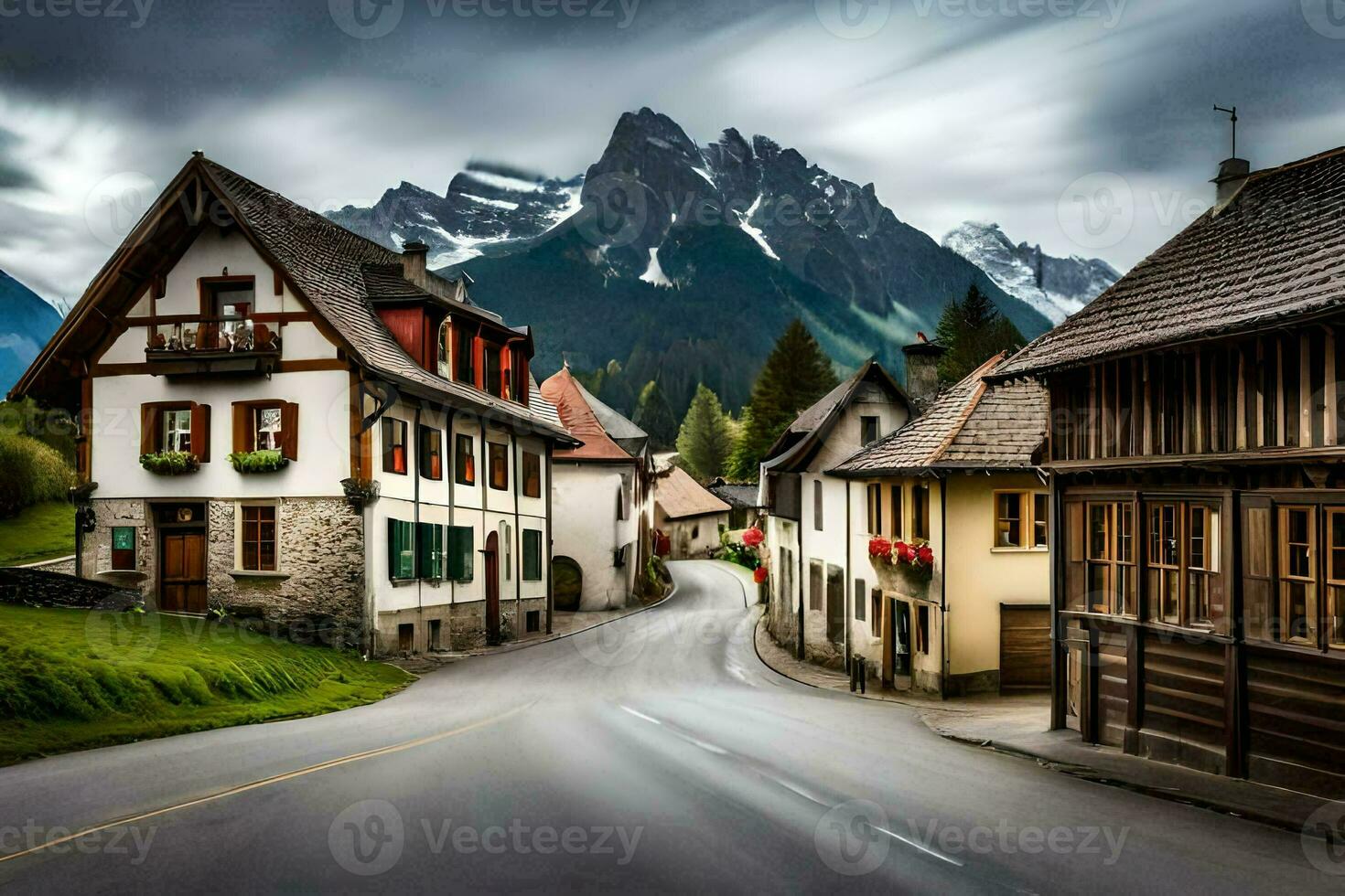 a street in the mountains with mountains in the background. AI-Generated photo