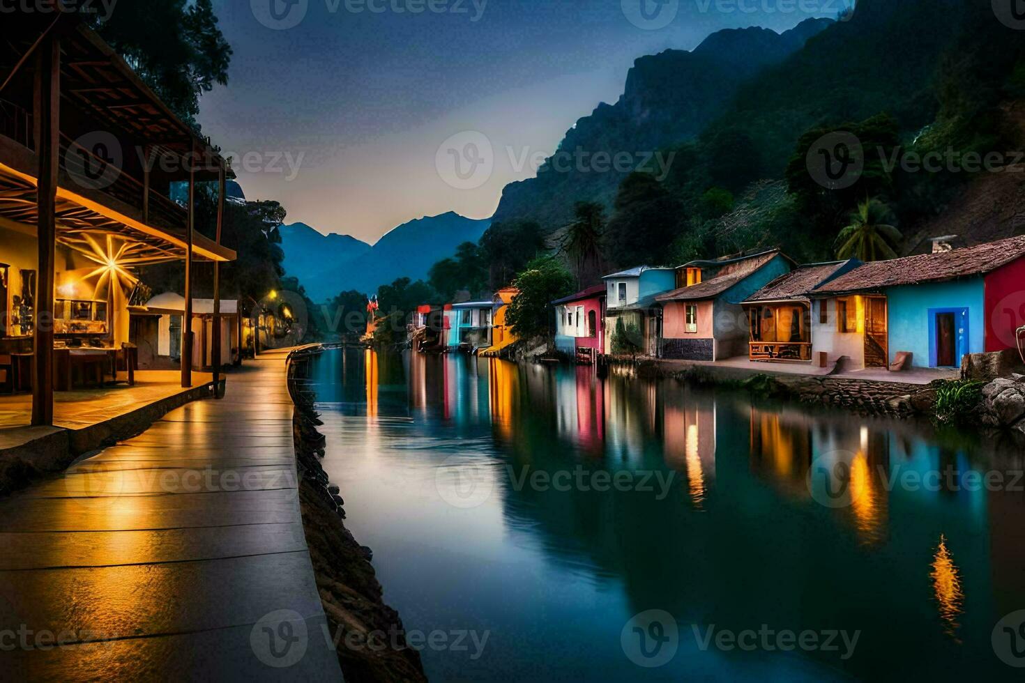 photo wallpaper the sky, water, mountains, river, houses, the night, vietnam. AI-Generated