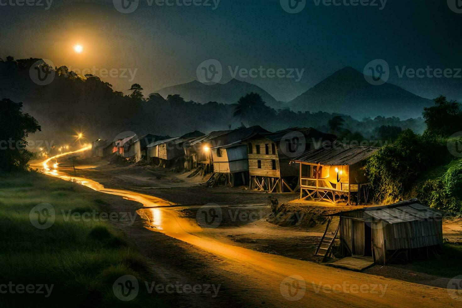 a village at night with a full moon. AI-Generated photo