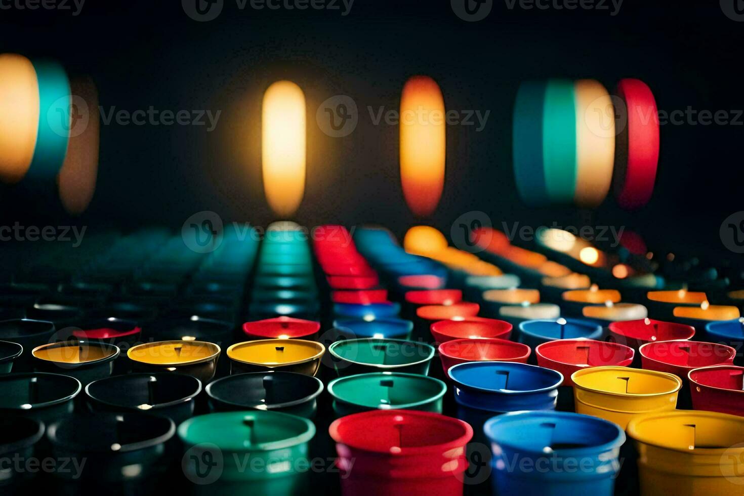 many colorful plastic cups are lined up on a table. AI-Generated photo