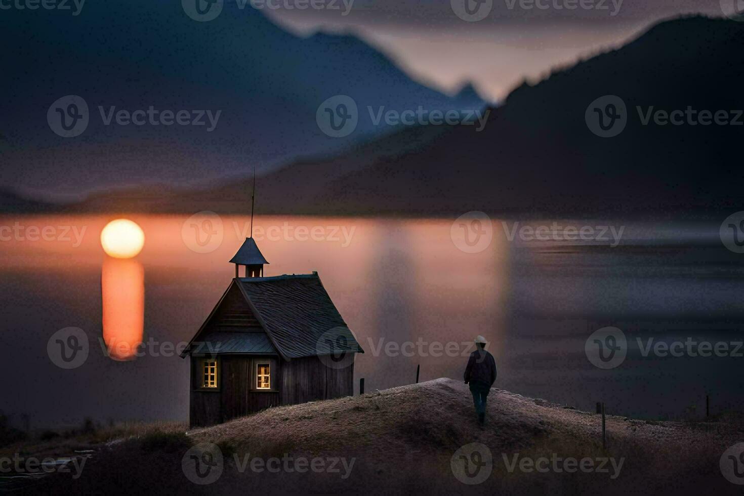 a man stands in front of a small house on a hill overlooking a lake. AI-Generated photo