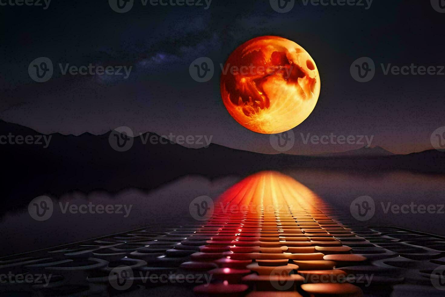 the moon is seen over a lake with a bridge. AI-Generated photo