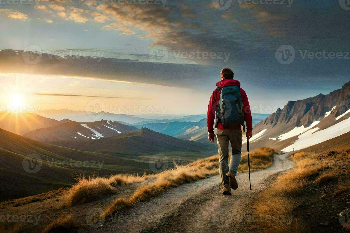 a man with a backpack walks on a dirt road in the mountains. AI-Generated photo