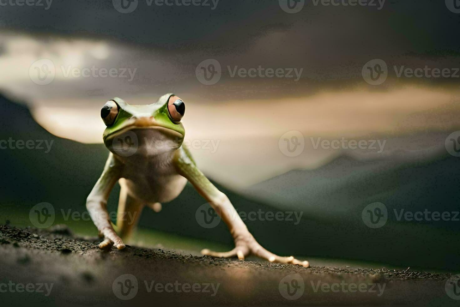 un rana es en pie en el suelo con un oscuro cielo detrás él. generado por ai foto