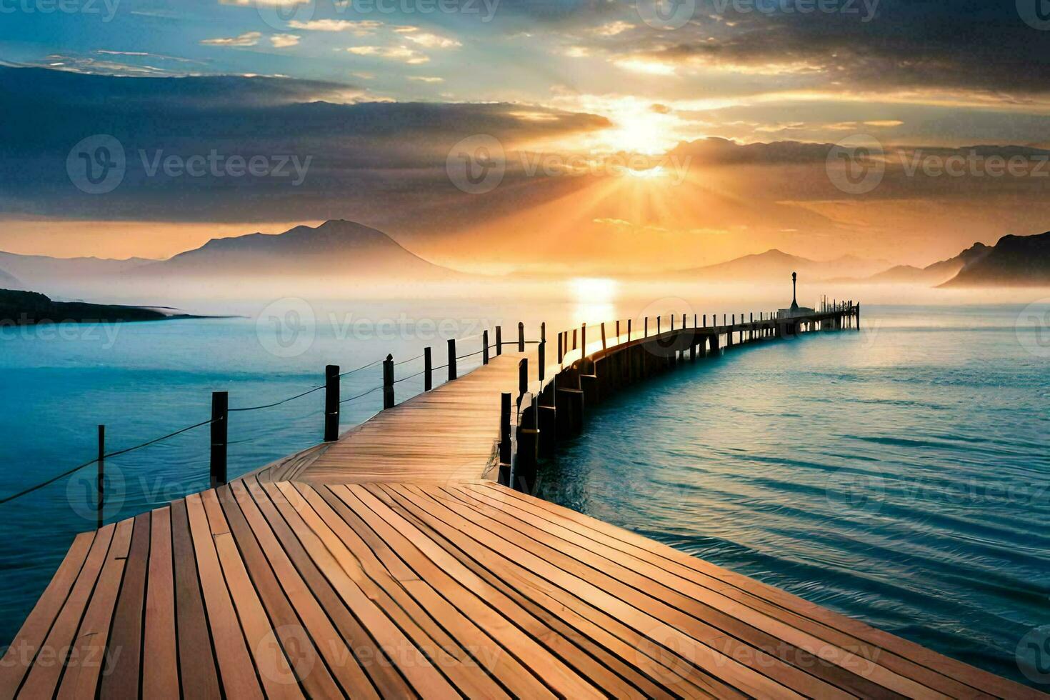 a wooden pier stretches out into the ocean at sunset. AI-Generated photo