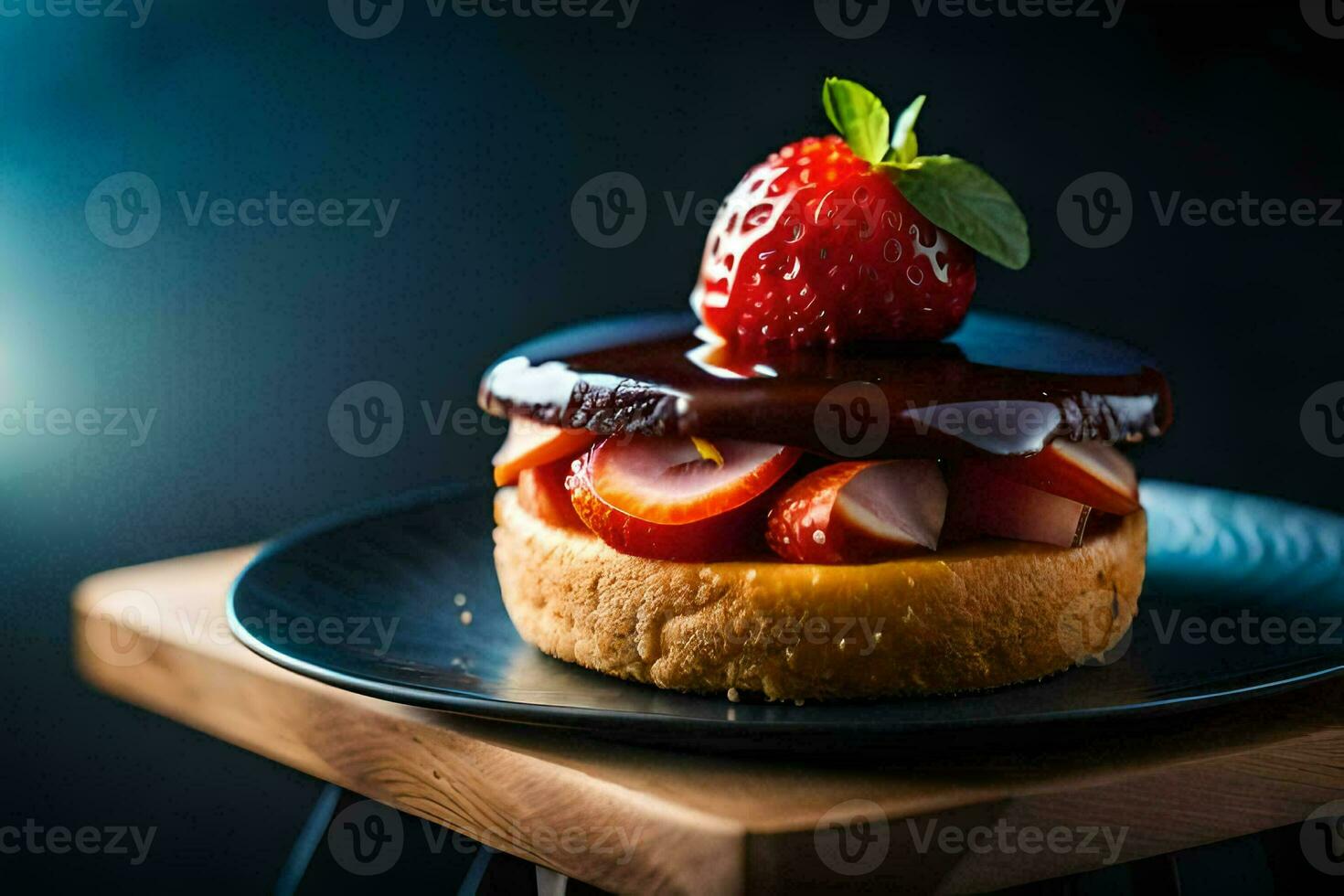 a strawberry cake with chocolate and strawberries on a black plate. AI-Generated photo