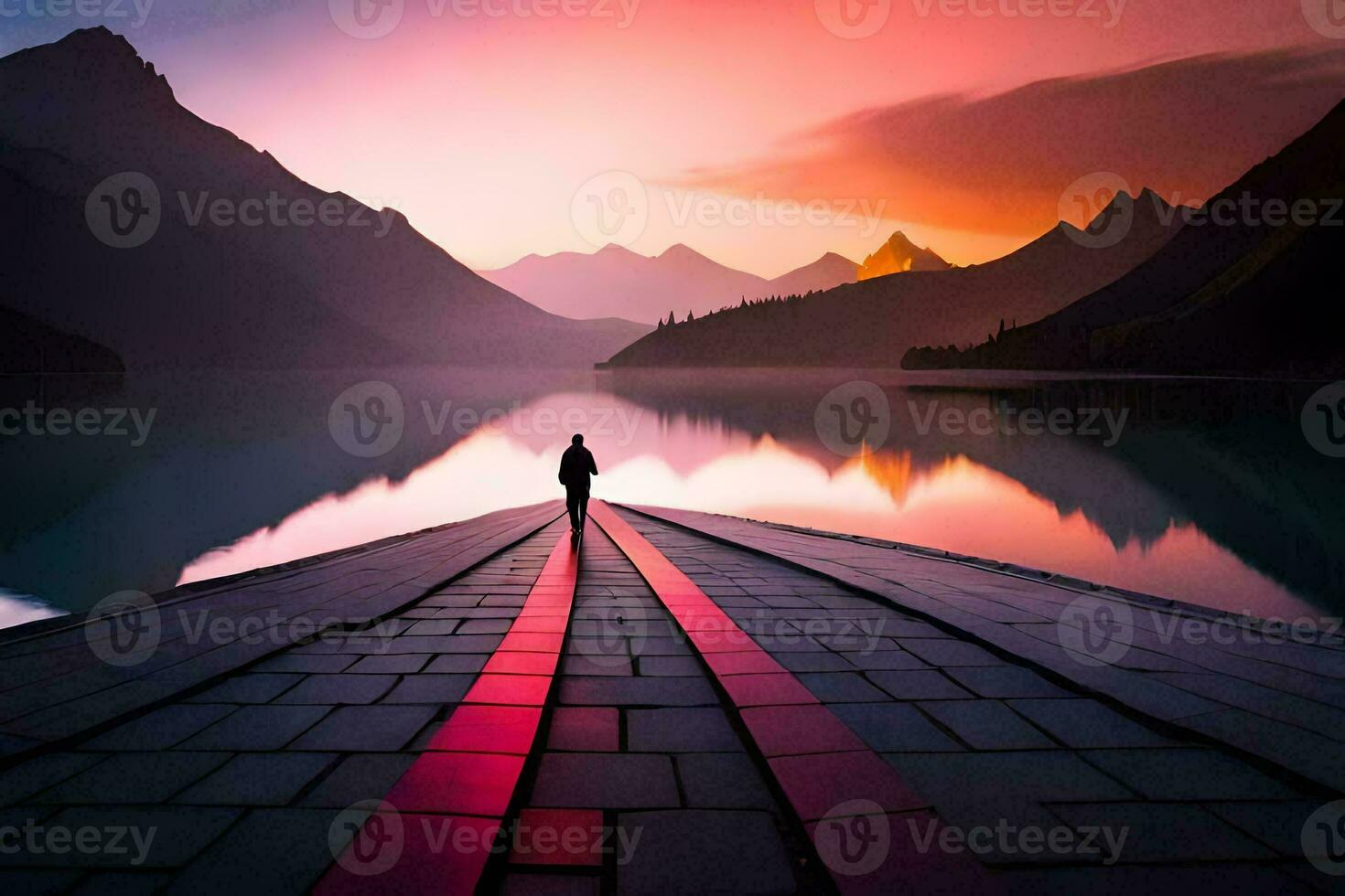 a person standing on a dock looking at a lake and mountains. AI-Generated photo