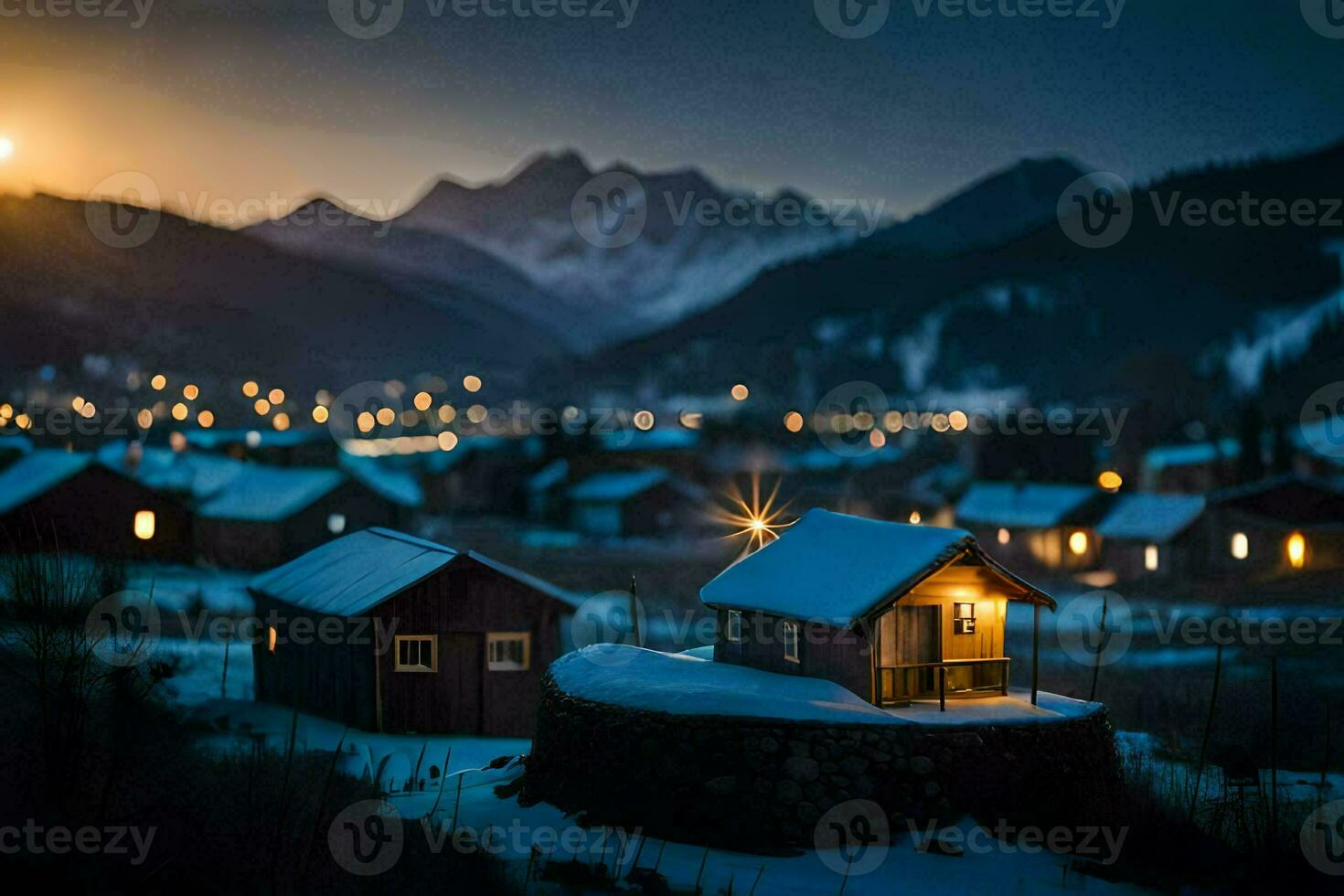 a small cabin in the snow with a mountain in the background. AI-Generated photo