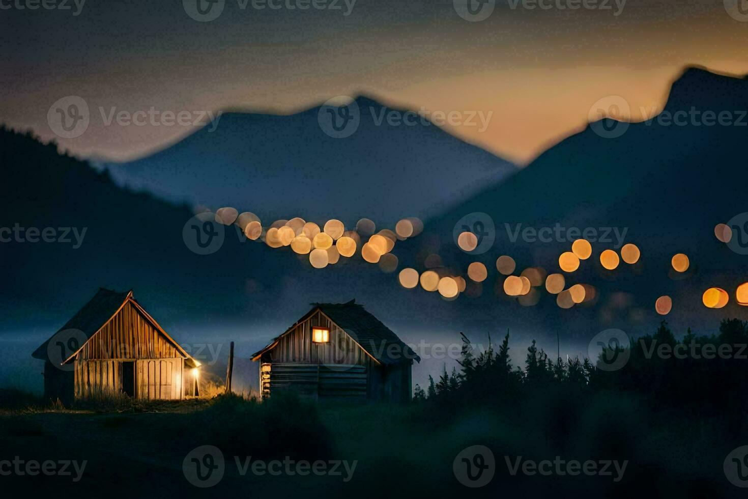 two small wooden houses in the middle of a field at night. AI-Generated photo