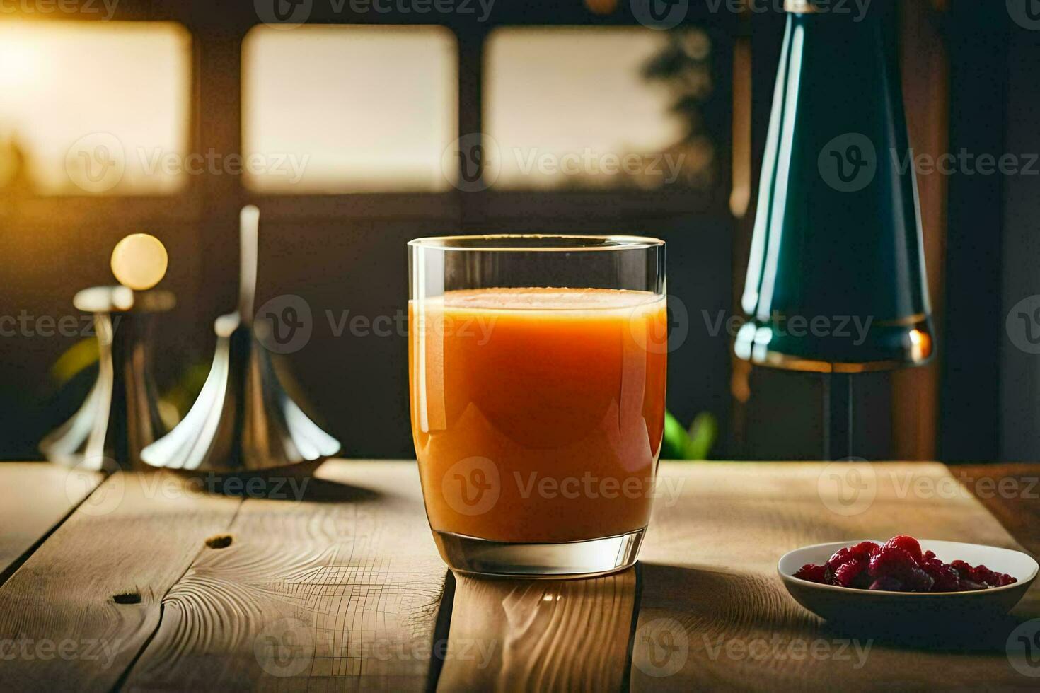 a glass of orange juice on a table. AI-Generated photo