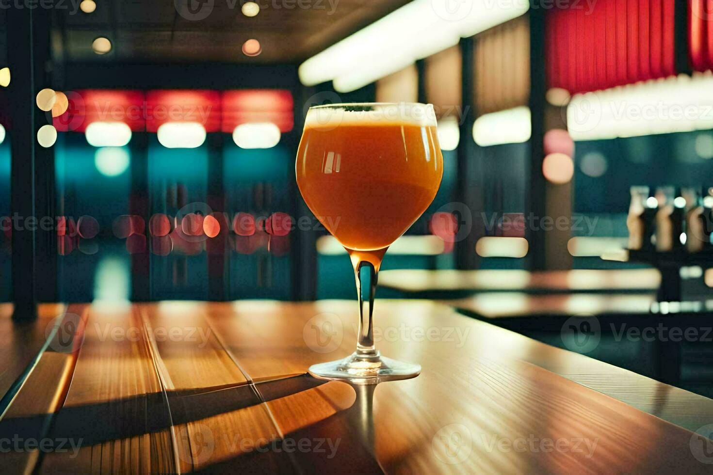 a glass of beer sitting on a table in front of a bar. AI-Generated photo