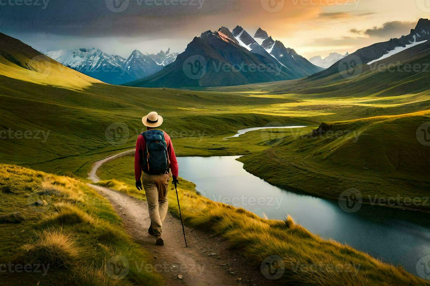 a man with a backpack walks through a valley. AI-Generated photo